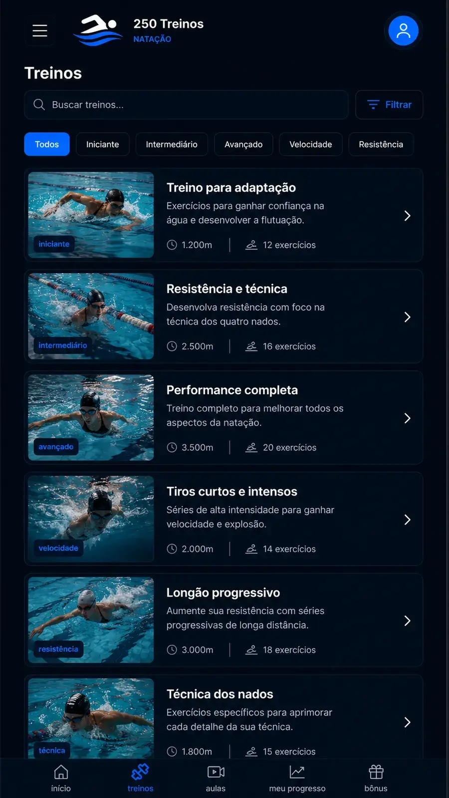 Lista de treinos filtrada por nível