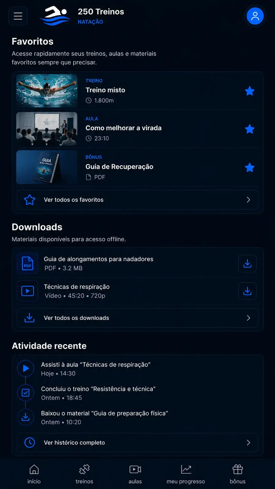 Treinos e aulas favoritados com acesso rápido